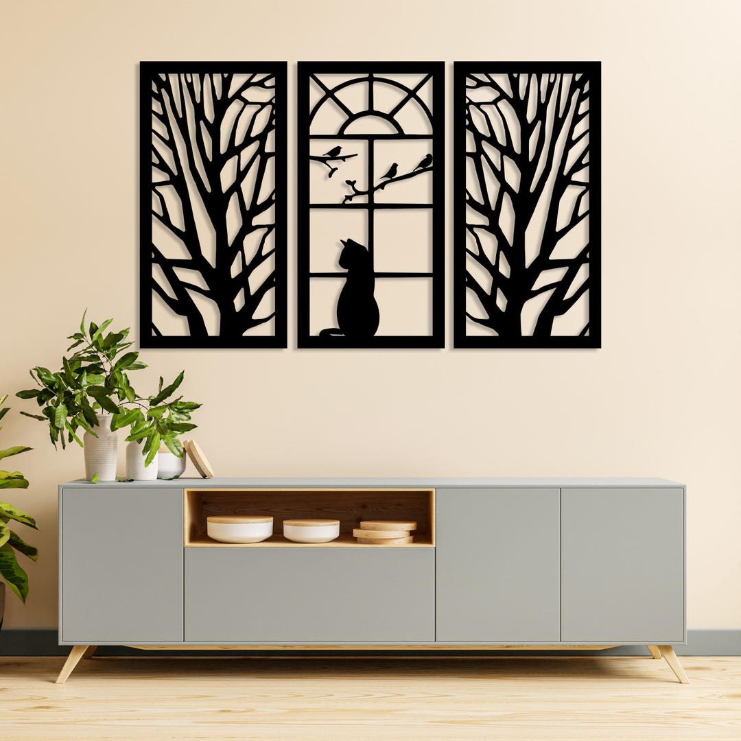 Metal Cat Window Wall Art Set of 3, Trees and Cat Metal Wall Decor ...