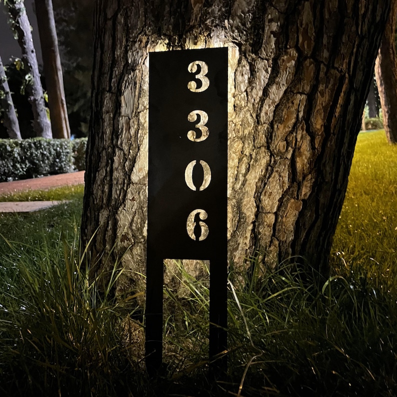 Solar Metal Address Numbers Sign For Yard, Lighted Vertical Modern Numbers Sign With Stakes,Commercial Garden Address Sign,Home Lawn Numbers image 3