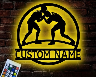 Letrero metálico personalizado de lucha libre con luz LED, decoración personalizada de lucha libre para habitación de chicos universitarios, regalo para luchadores, arte mural para gimnasio de lucha libre