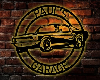 Custom Garage Wall Art LED Light , Mancave Sign, Personalized Classic Car Name Sign, Gift for Dad, Mechanic Wall Sign,RGB Color Changing Led
