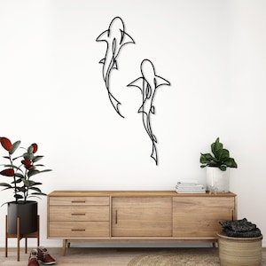 Juego de 2 láminas metálicas de tiburón para pared, decoración para el hogar, decoración moderna y minimalista para sala de estar, letrero de animales salvajes, decoración de pared grande, decoración para casa de playa.