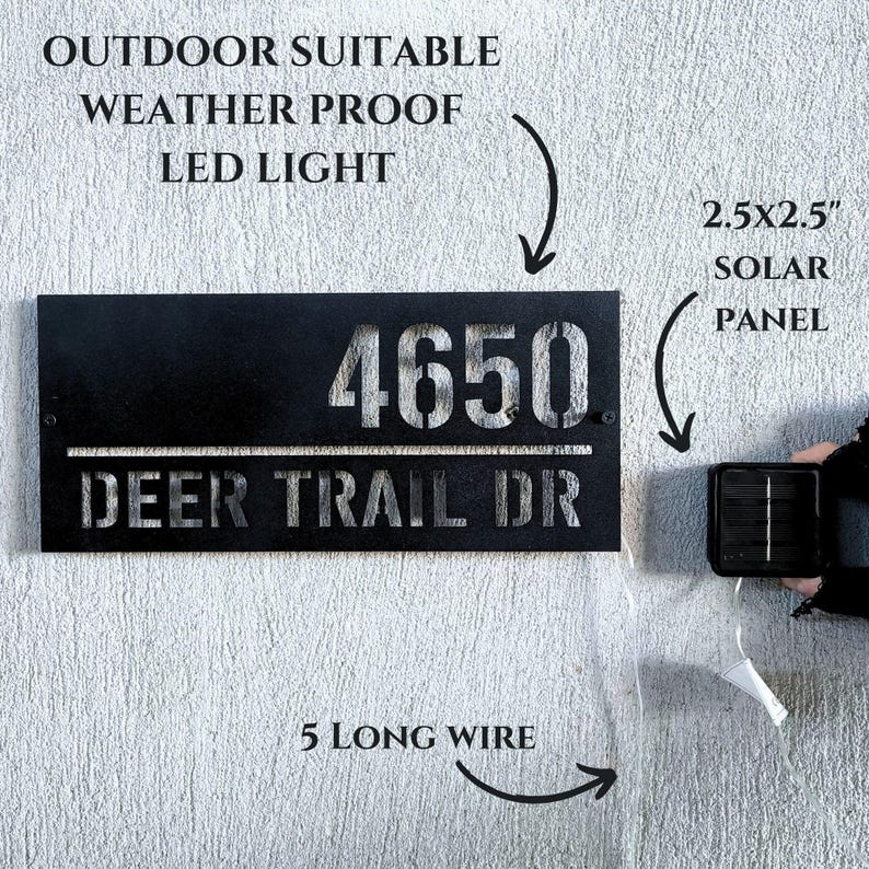 Solar Metal Address Numbers Sign For Yard, Lighted Vertical Modern Numbers Sign With Stakes,Commercial Garden Address Sign,Home Lawn Numbers image 5