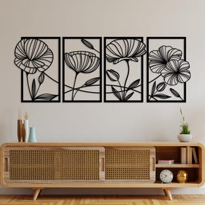 Poppy Flowers 4 Panels Metal Wall Art, Metal Flower Sign, Gift For Her, 4 Pcs Wall Hangings, Floral Metal Decor, Housewarming Gift, Boho Art