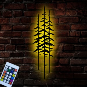 Luce LED per arte della parete in metallo dell'albero di pino, sospensione di pino sottile, decorazione della parete di un grande albero, segno della foresta, regalo per gli amanti della natura, decorazione della fattoria, regalo per la nuova casa