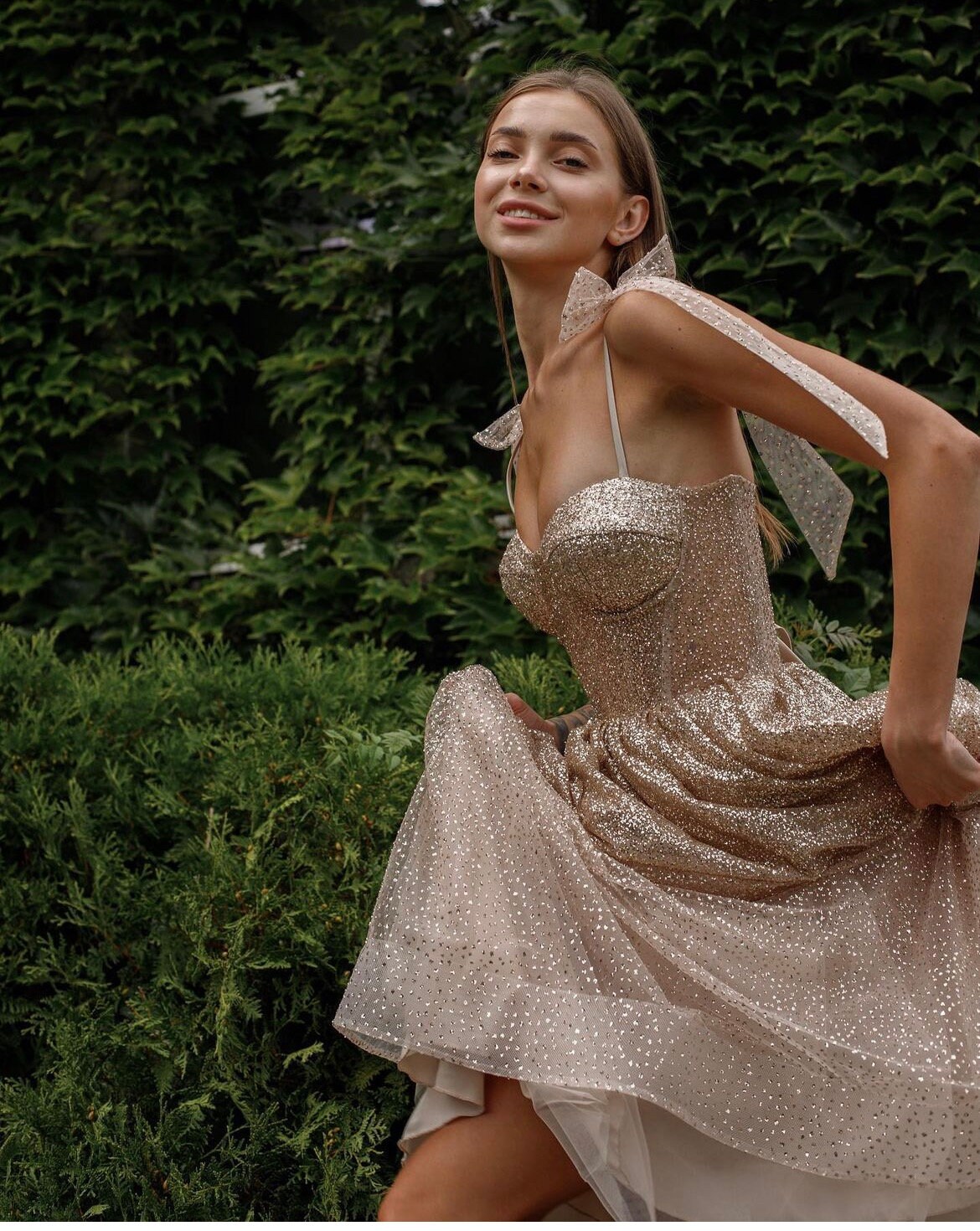 Taupe Glitter Ombre A-Line Evening Gown with Corset Back main image 1