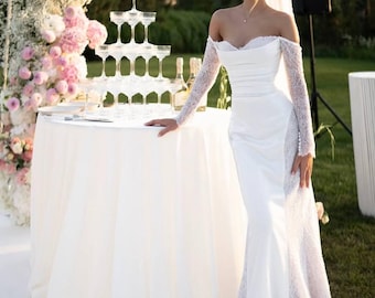Elegant Off Shoulder Satin Wedding Dress With Lace Sleeves and Mermaid Silhouette Winter