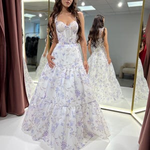 Floral Organza Romantic Wedding Dress Is Designed In a Tender  Floral Print, a Corset With Supportive Cups And Lace-Up With Bow Straps