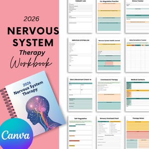 May include: A spiral-bound workbook titled "2026 Nervous System Therapy Workbook" with a cover featuring a brain illustration. The image also shows several pages with therapy-related forms and charts, including a therapy log and stress tracker.
