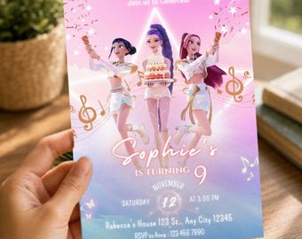 May include: A pink and blue birthday party invitation with three animated figures holding treats and a cake. The invitation reads "Sophie's is turning 9" and includes event details. The Canva logo is in the top right corner.