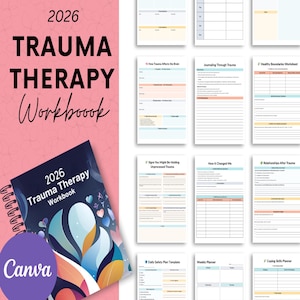 May include: A 2026 Trauma Therapy Workbook with a dark blue cover featuring abstract art and the title. The image also shows several pages with worksheets and the Canva logo.