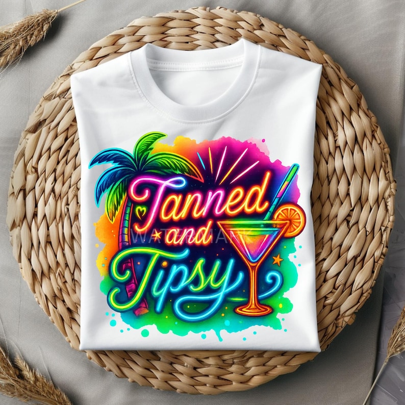 Tanned and Tipsy PNG Retro Neon Beach Drink Design Summer Sublimation ...