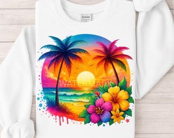 Tropical Sunset Beach PNG Vibrant Palm Trees and Exotic Flowers Sublimation Design Summer Clipart for T Shirts, Tumblers and Print on Demand