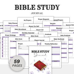 Könnte beinhalten: Ein Bibelstudien-Journal mit 59 Seiten, bestehend aus einer Sammlung weißer, bedruckbarer Blätter mit violetten Akzenten. Die Seiten enthalten Überschriften wie Daily Planner, Prayer Requests, Sermon Notes, Monthly Calendar und Gratitude. Das Deckblatt zeigt eine rote Bibel-Illustration mit einem goldenen Kreuz und violetten Blumenmotiven.