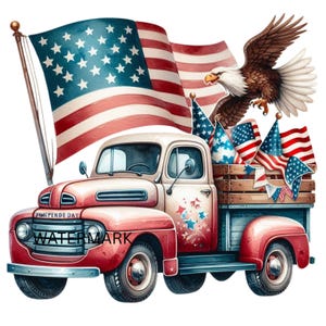 Lot de 10 cliparts PNG pour le jour de l'indépendance, 4 juillet, aquarelle, drapeaux des États-Unis, feux d'artifice, animaux, camions patriotiques pour sublimation, travaux manuels créatifs