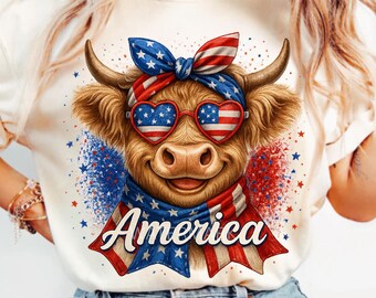 Patriotisk höglandsko PNG – 4 juli sublimeringsdesign med flaggbandana och hjärtglasögon transparent USA-ko Clipart självständighetsdagen