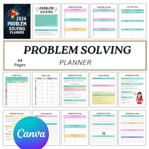 May include: A 2026 Problem Solving Planner with 44 pages. The planner includes sections for setting goals, meal planning, and problem-solving steps. The design features a light blue, pink, and yellow color scheme with the Canva logo.