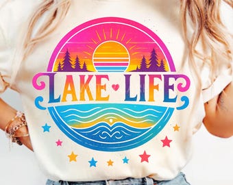 Lake Life Retro Sunset PNG | Vibrant Summer Lake Shirt Design | Sublimation Clipart | 300 DPI Transparent Background