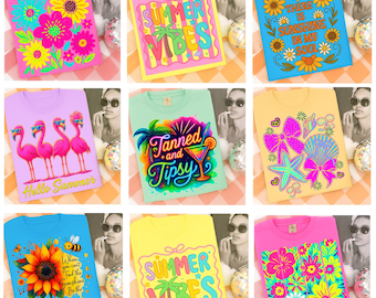 Summer Comfort Colors Shirt PNG Bundle 9 Vibrant Summer Pngs for Sublimation Vacation Shirt Graphic Seashells Png, Coquettes Png