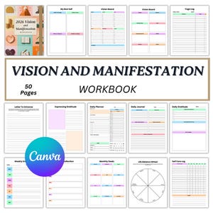 May include: A vision and manifestation workbook with 50 pages. The cover features a colorful design with the text "2026 Vision and Manifestation Workbook." Inside, there are pages for vision boards, daily planning, and self-care logs.