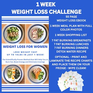 May include: A blue graphic advertising a 1-week weight loss challenge. The text includes "Weight Loss for Women," "Lose Weight Fast," and "Up to 6.35 kg in just 1 week!" The image also features sample meal photos and a 55-page ebook.