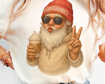 Influencer Santa PNG | Hipster Santa with Latte Clipart | Trendy Christmas Santa Digital Download | POD File | Transparent Background