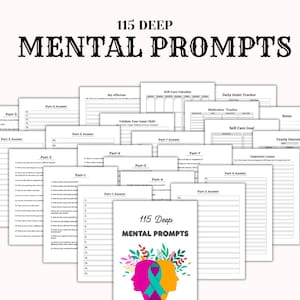 115 Deep Journal Prompts, Self Reflection Mental Health Workbook, Printable Digital Download, Mindfulness Journaling Guide