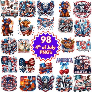 Pacote Mega PNG de 4 de Julho com 98 designs patrióticos transparentes: vacas das Terras Altas, águias, guaxinins, Estátua da Liberdade, MAGA, Dia da Independência