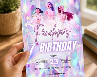 May include: A holographic birthday invitation with the text "Penelope's 7th Birthday". The invitation features illustrations of three girls and includes the date, time, and location of the party. The background has a geometric design.