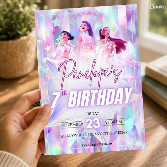 Editable K-pop Demon Hunters Birthday Invitation HUNTRIX, Golden White, Printable Birthday Party Invite