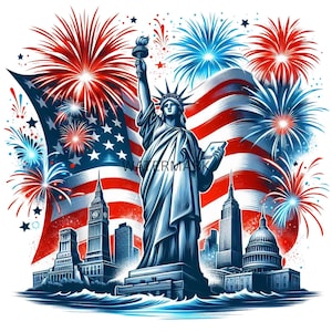 Pacote com 10 clipart PNG do Dia da Independência, 4 de julho, aquarela, bandeiras dos EUA, fogos de artifício, estátua patriótica da liberdade, sublimação, artes e ofícios