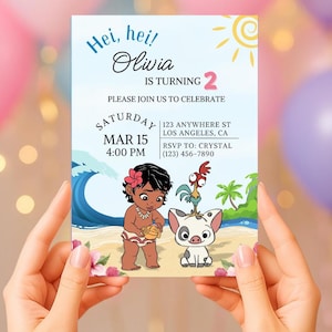 Mall för födelsedagsinbjudan för baby Vaiana, redigerbar Canvas-inbjudan för hawaiisk födelsedagsfest, inbjudan till babyflicka med tropiskt havstema