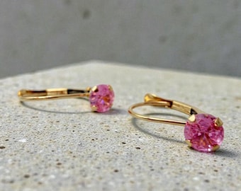 Pendientes colgantes de oro amarillo macizo de 14 quilates con piedras preciosas rosas de corte redondo