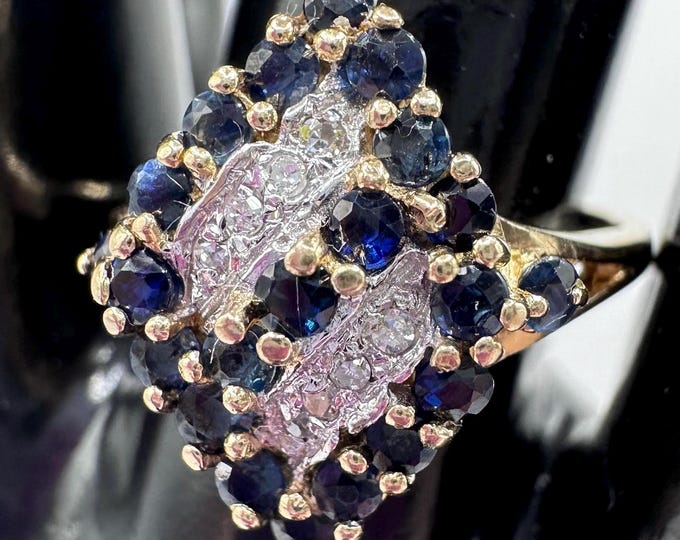14KP (Plum Exact Purity) Gold Vintage Ring with Sapphires and Diamonds Size 6.75