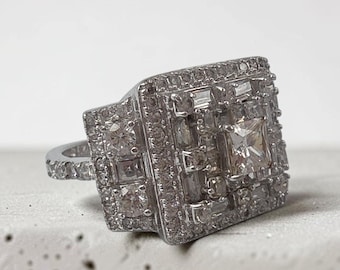 FZN Fuzion Creations 925 Sterling Silver Princess Cut CZ Halo Ring Size 5.25