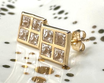 14K Solid Gold Square Stud Earrings with CZ