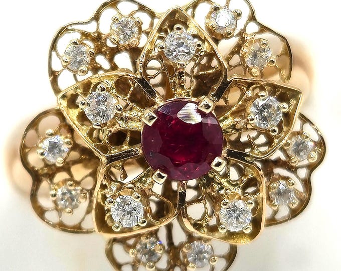 18K Gold Filigree Flower Ring with Ruby & Diamonds, Size 6.5