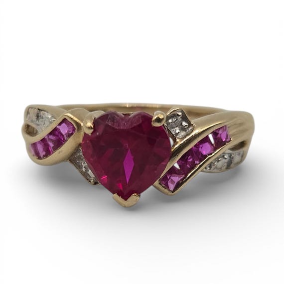 10K Solid Gold Heart Cut Ruby Ring, Pink Sapphire… - image 1