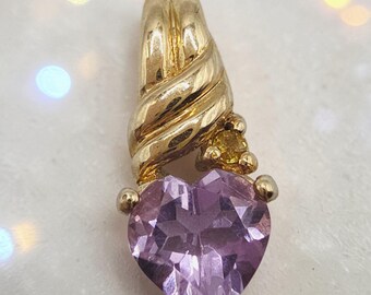 Solid 10K Yellow Gold Heart Cut Amethyst Pendant with Citrine Accent