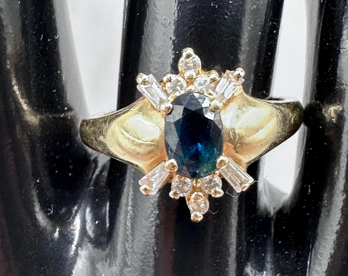 Vintage 14K Gold with Blue Sapphire and Diamonds Size 6.5
