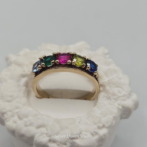 10K Solid Gold Five Stone Gem Ring, Blue Spinel, … - image 5