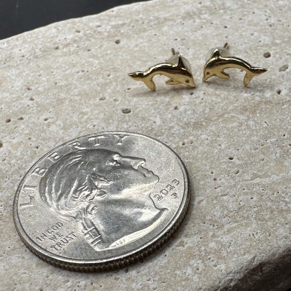 14K Solid Gold Dolphin Stud Earrings - image 8