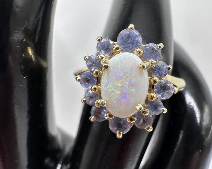 Vintage 14K Gold Opal and Aquamarine Ring Size 5.75