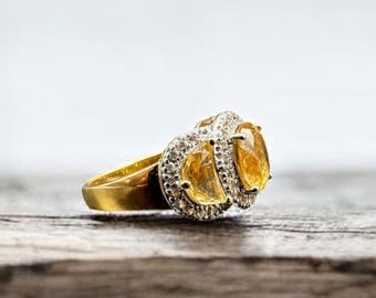 925 Sterling Silver Gold Vermeil Ring with Yellow Gems & Halo Accents - Size 10