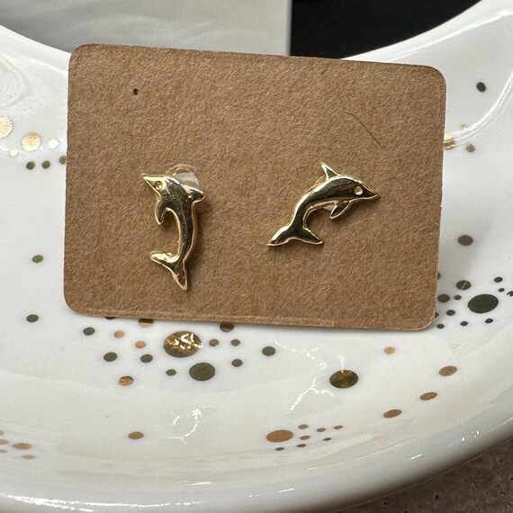 14K Solid Gold Dolphin Stud Earrings - image 4