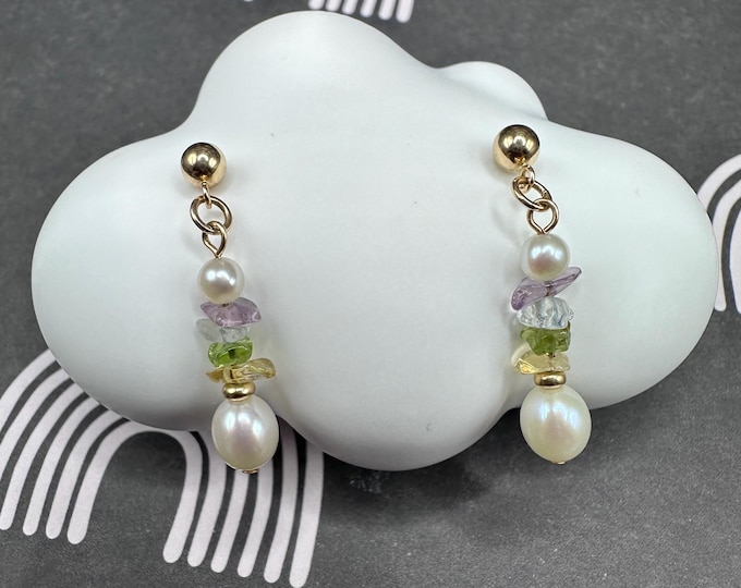 14k Gold Pearl with Green and Purple Dangle Vintage Earrings
