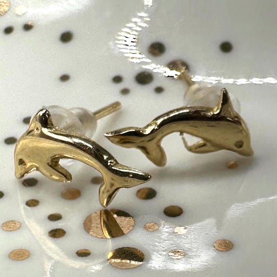 14K Solid Gold Dolphin Stud Earrings - image 3