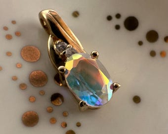 10k Gold Mystic Topaz Pendant Necklace, Rainbow Fire Oval Cut Gemstone