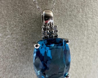 14k White Gold Blue Topaz Pendant Necklace, Diamond Accent Bail