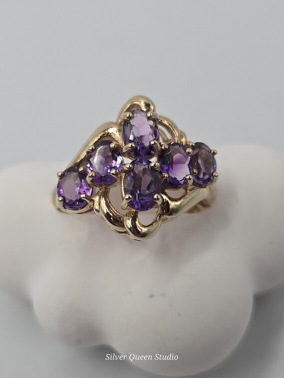 10K Solid Gold Amethyst Ring, Multi Stone Cluster… - image 5