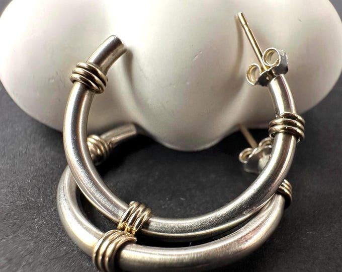 Sterling Silver 925 and 14K Gold Accent Hoop Earrings